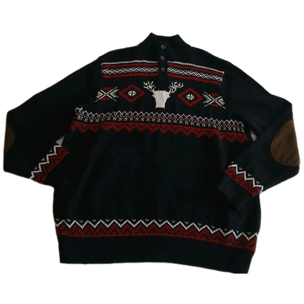 Chaps Men XL Black Chunky Knit Sweater Mock Neck Reindeer Christmas Elbow Patch